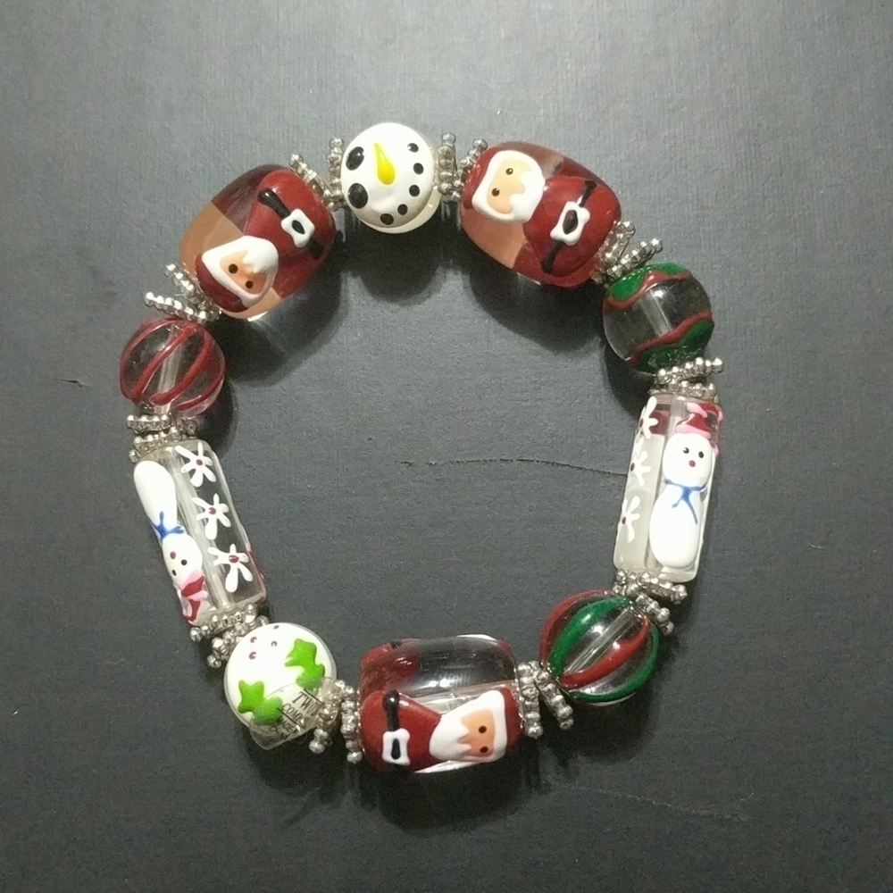 Santa Claus and Snowman Beaded Stretchy Elastic Christmas Holiday Bracelet